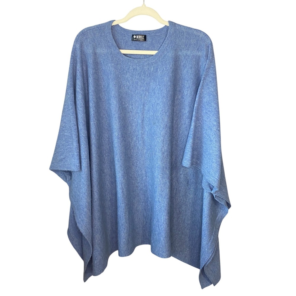 Beryll Blue Heathered Cashmere Knit Oversized Poncho Sweater Crew‎ Neck One Size